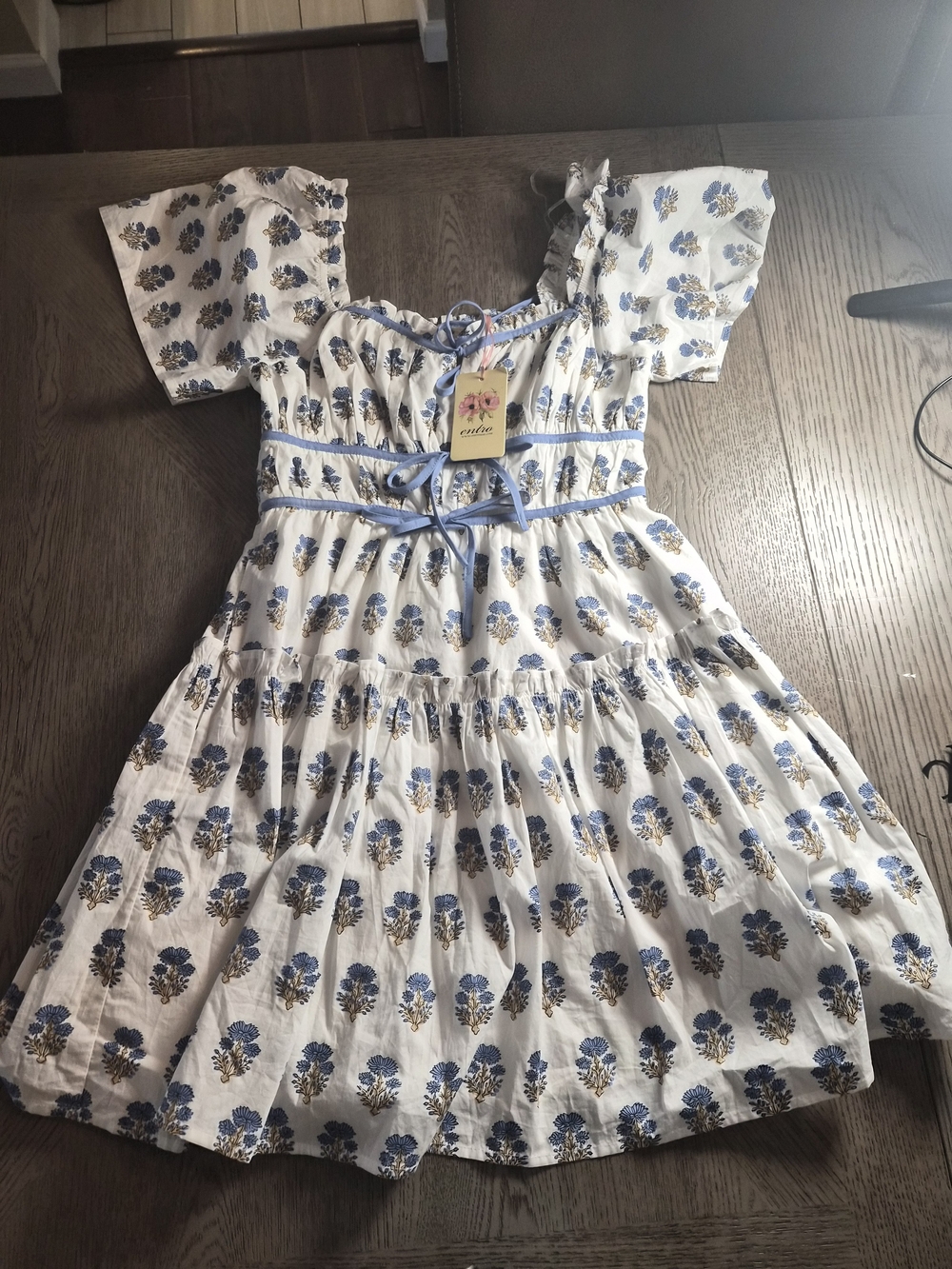 entro White Mini Dress with Blue and Gold Floral Print